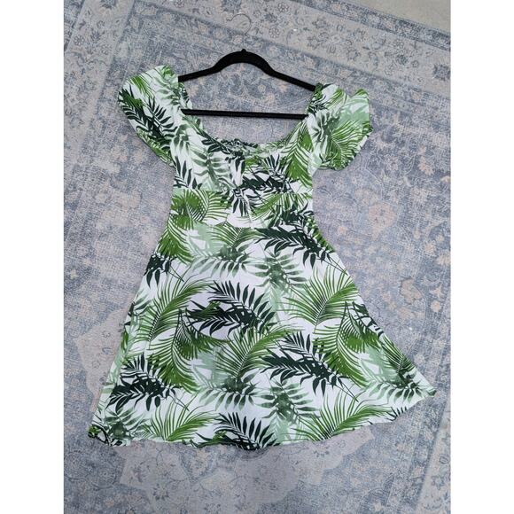 Tropical Palm Print Mini Dress Size S | Off Shoulder Smocked Puff Sleeve Japna - Picture 9 of 10